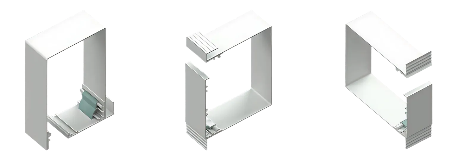 Three views of a white hollow square frame with components attached inside, shown separately.