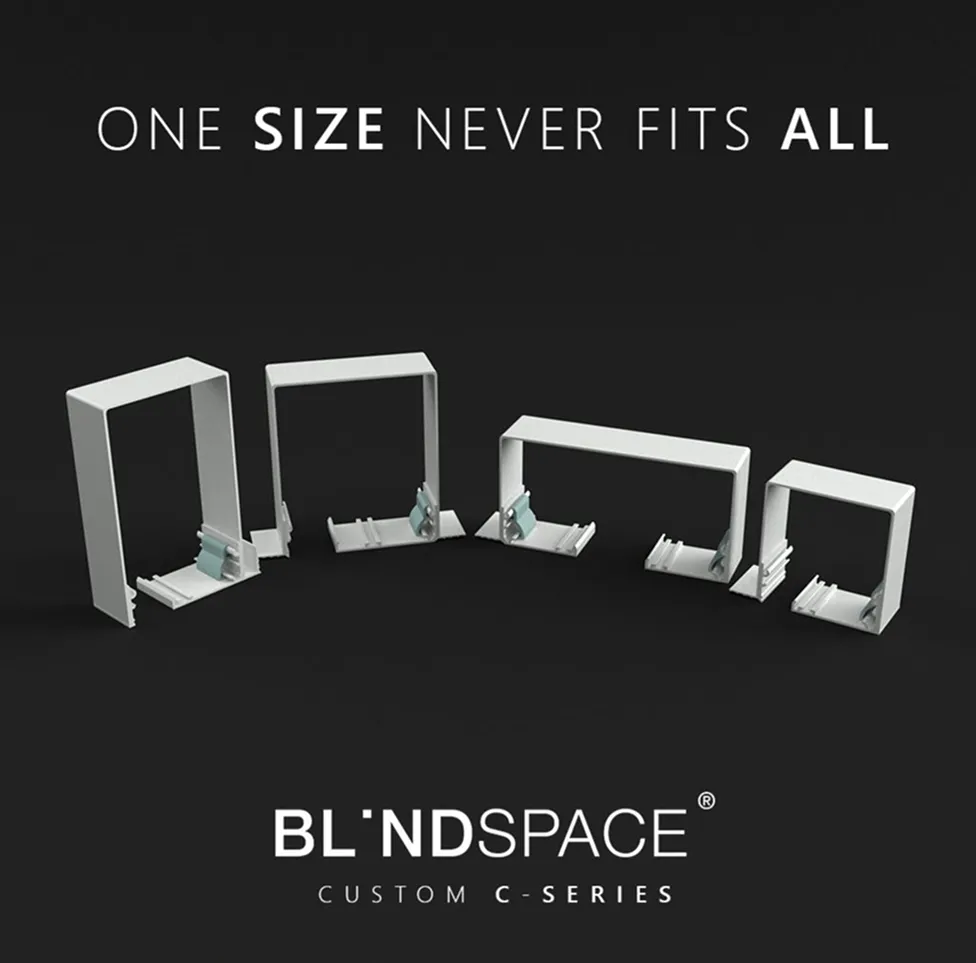 Different sized rectangular frames arranged in a row with text: One size never fits all, BLNDSpace Custom C-Series.
