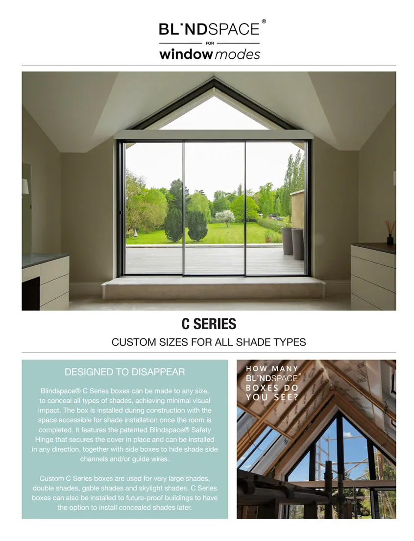 Room with large triangular window opening to a green garden, promoting Blindspace C Series window shades.