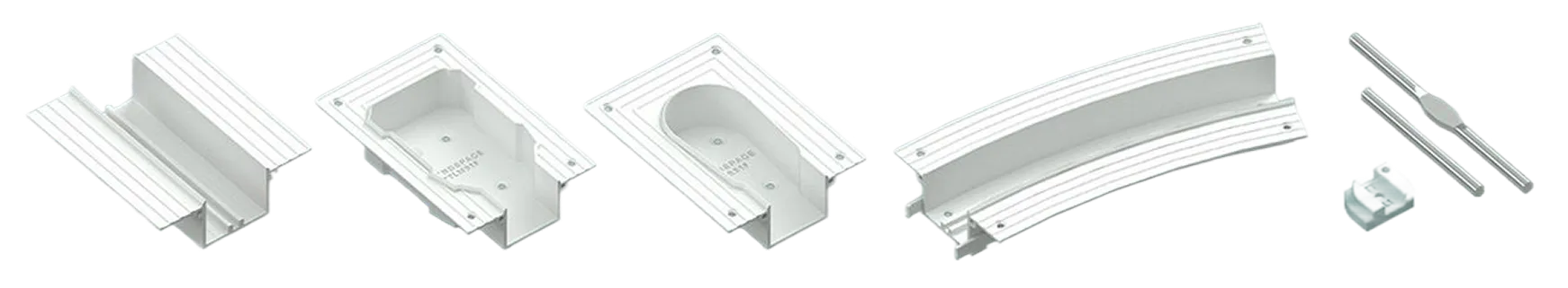 White modular pool edge components including corner pieces, curved section, and connectors.