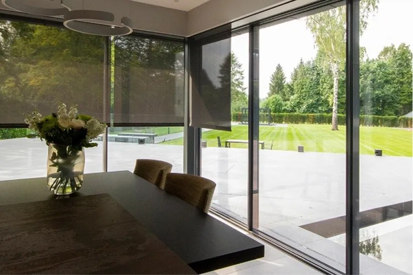 Modern dining area with glass table, chairs, flower vase, and large windows overlooking green lawn.