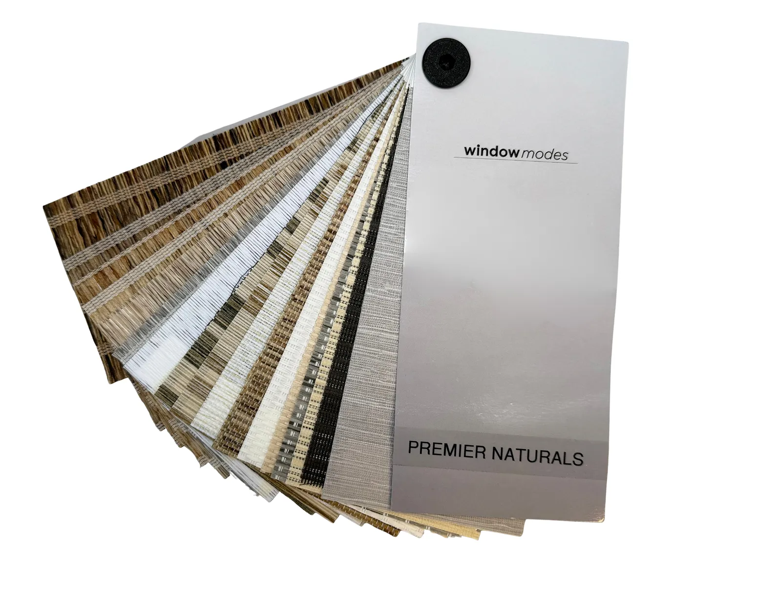 Fan of window shades samples in natural shades labeled Premier Naturals from Window Modes.