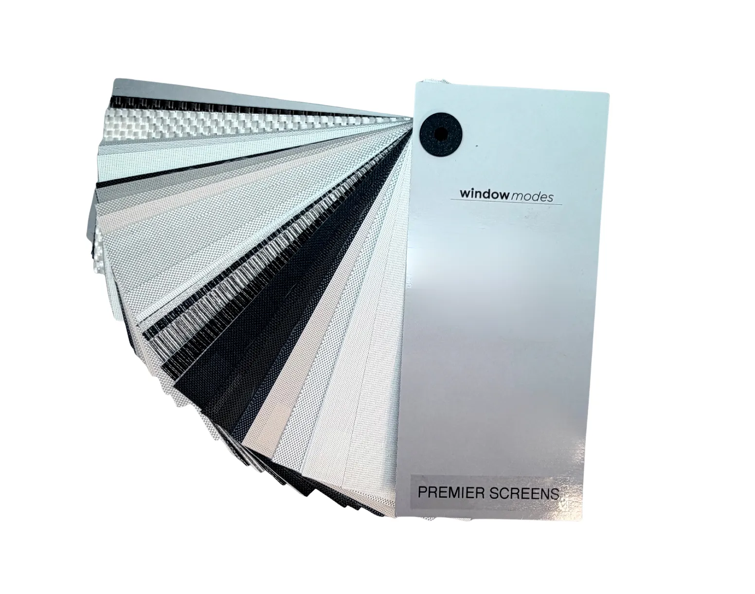Sample fan of window screen fabrics in various shades and textures with Premier Screens label.