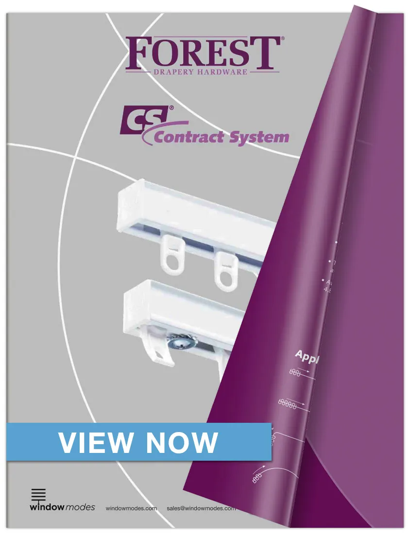 Forest Drapery Hardware and Contract System logos on a brochure with curtain hardware and a purple curled edge.