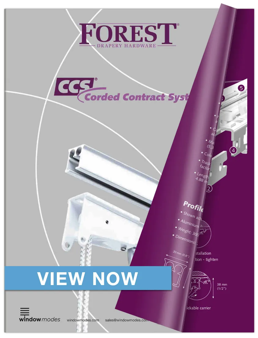 Catalog cover for Forest Drapery Hardware Corded Contract System by Window Modes with hardware image and purple page curl.