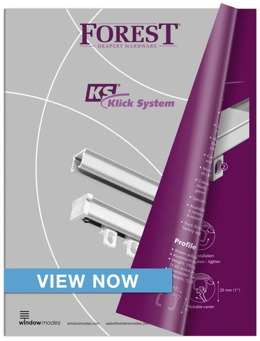 Forest Drapery Hardware Klick System brochure with aluminum curtain tracks and blue View Now banner.