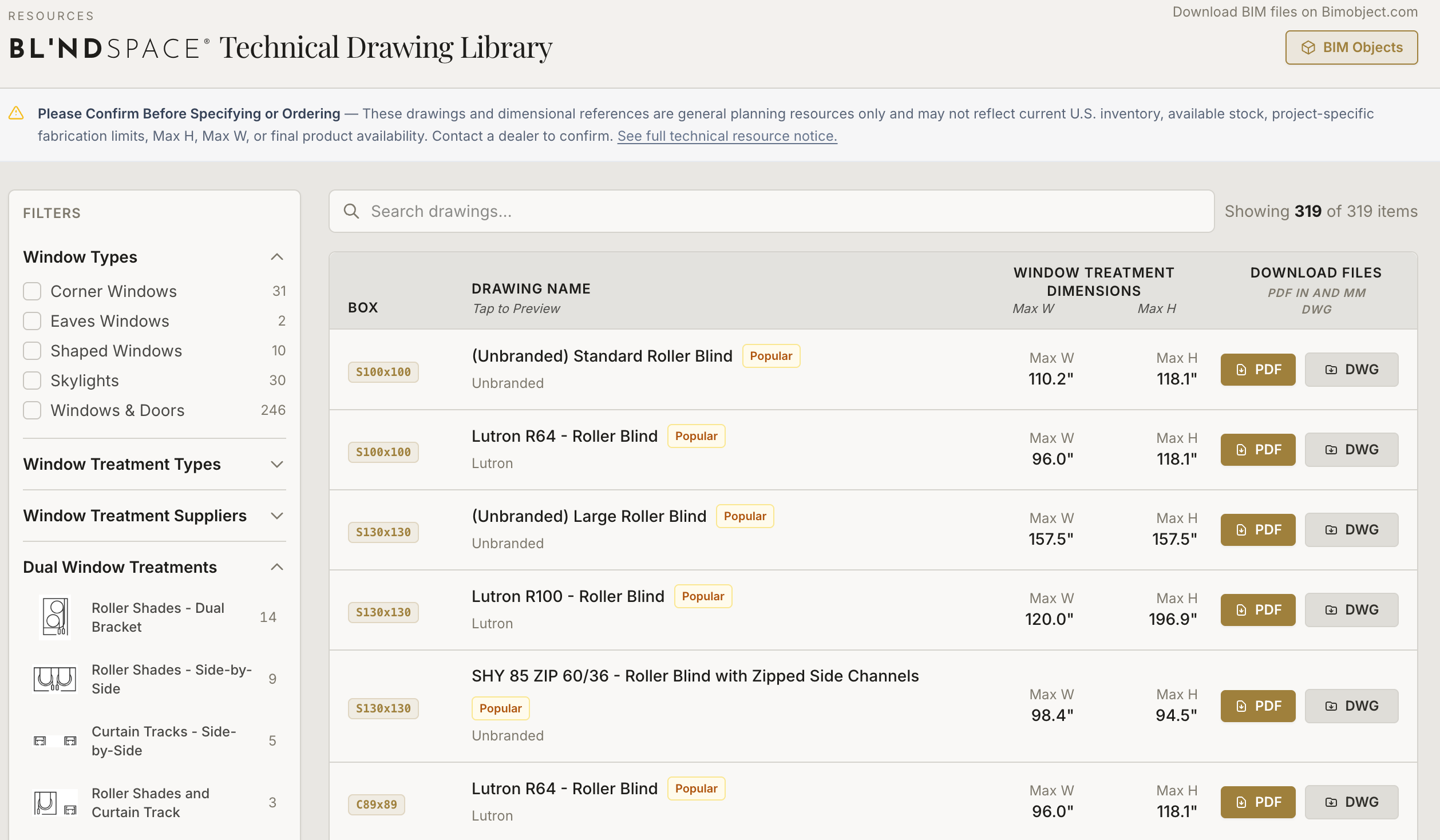 Image of library of over 300 drawings of specific Blindspace and TrackTrim configurations that users can filter to find the drawing for their project