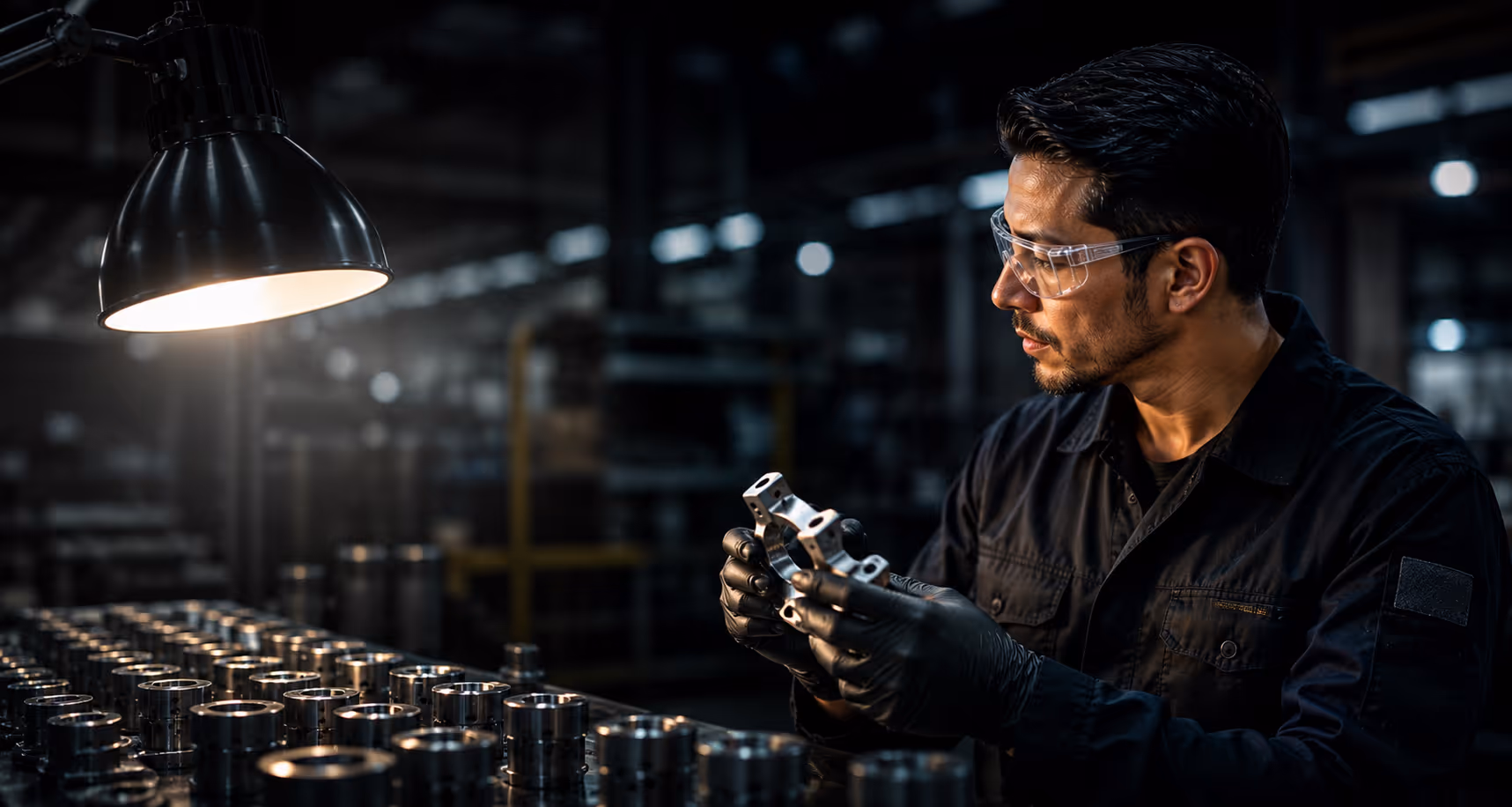 Un hombre trabajando en una empresa sorteadora, inspeccionando piezas automotrices.