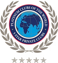 Circular emblem with a blue globe showing continents in the center, bordered by the text 'Platinum Clubs of the World' on the top and '5 Star Private Clubs' on the bottom, surrounded by a laurel wreath and five gold stars below.