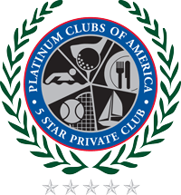 Seal of Platinum Clubs of America featuring a circular emblem with icons of tennis, golf, dining, and swimming inside, surrounded by a green laurel wreath and blue rings with text reading 'Platinum Clubs of America' and '5 Star Private Clubs'.