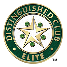 Circular emblem with a gold star in the center surrounded by four small green circles and a green outer ring containing the gold text 'DISTINGUISHED CLUB ELITE'.