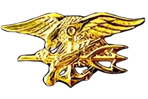 A golden badge of a bird carrying a trident, the navy seal trident badge