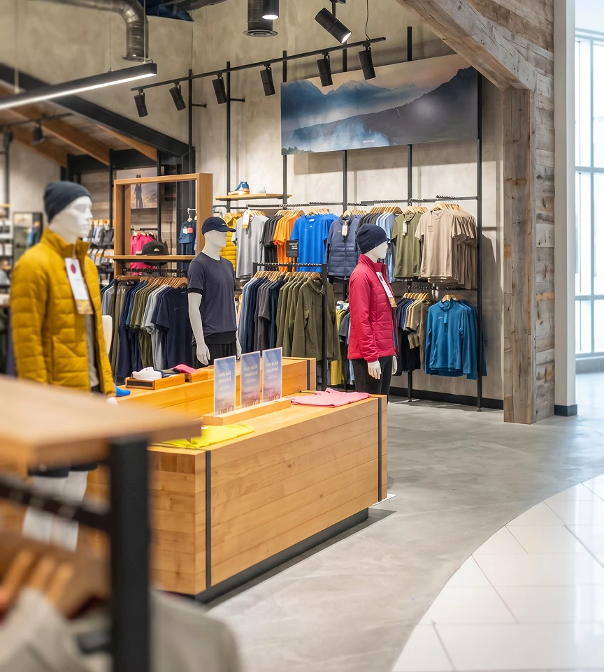 Intérieur d’une boutique de vêtements et accessoires de plein air.