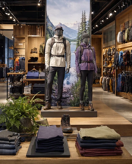 Présentoirs de vêtements et d’équipement de randonnée en magasin.