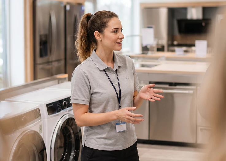 Conseillère présentant des électroménagers en magasin.
