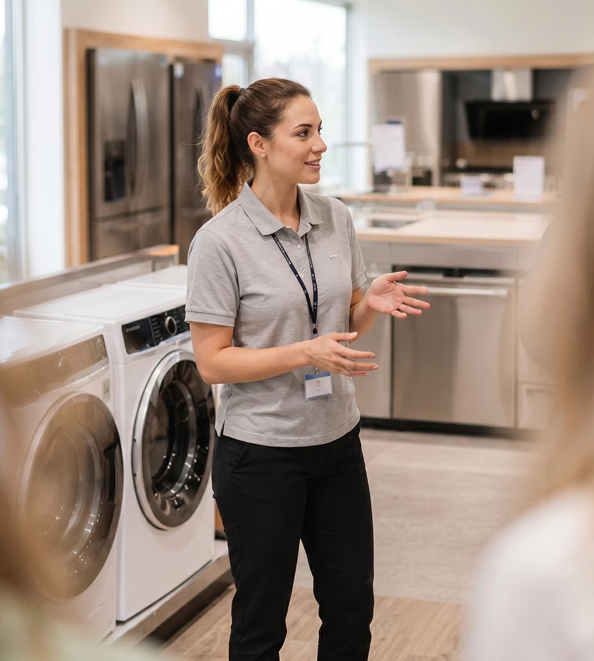 Conseillère présentant des électroménagers en magasin.