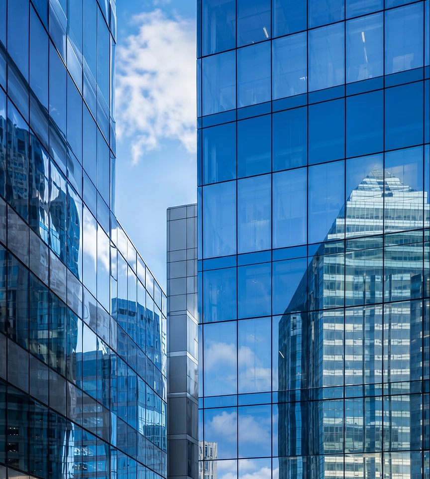 Façades vitrées d’immeubles de bureaux au centre-ville.