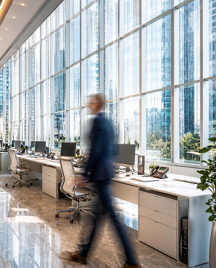 Employé marchant dans un bureau vitré moderne.