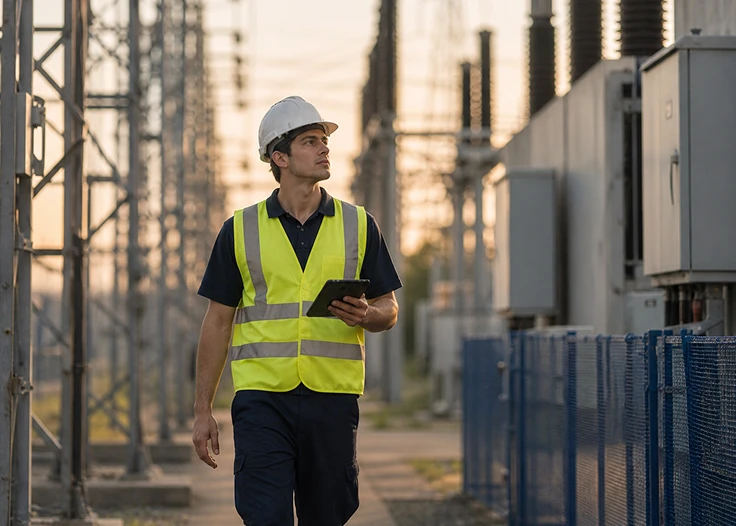 Technicien inspectant un poste électrique avec une tablette.