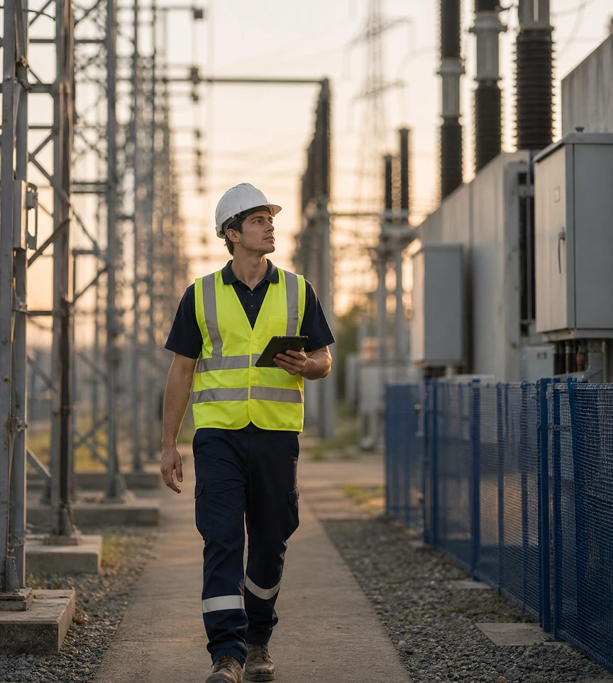 Technicien inspectant un poste électrique avec une tablette.