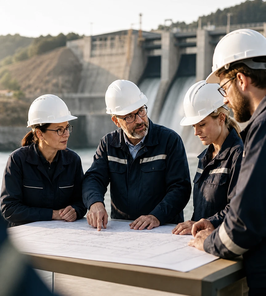 Ingénieurs analysant des plans près d’un barrage hydroélectrique.