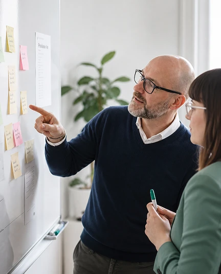 Collaborateurs travaillant sur un tableau de planification.