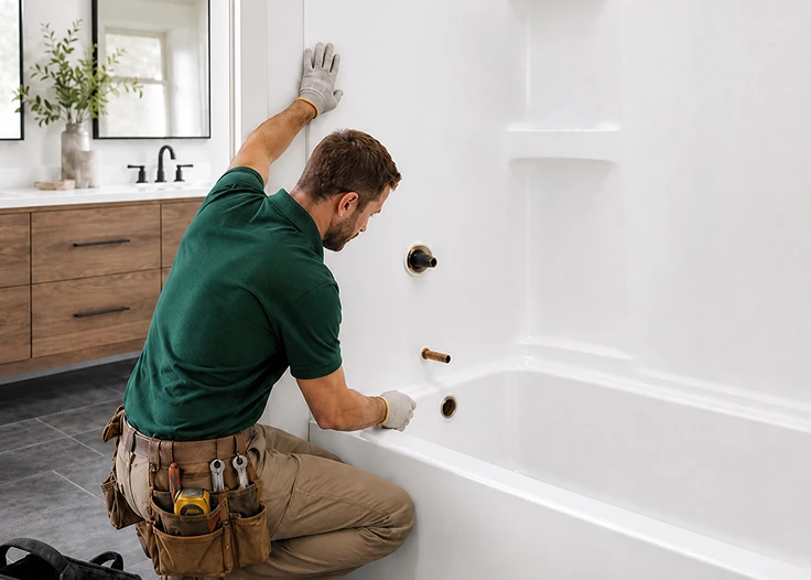 Technicien installant une baignoire dans une salle de bain.