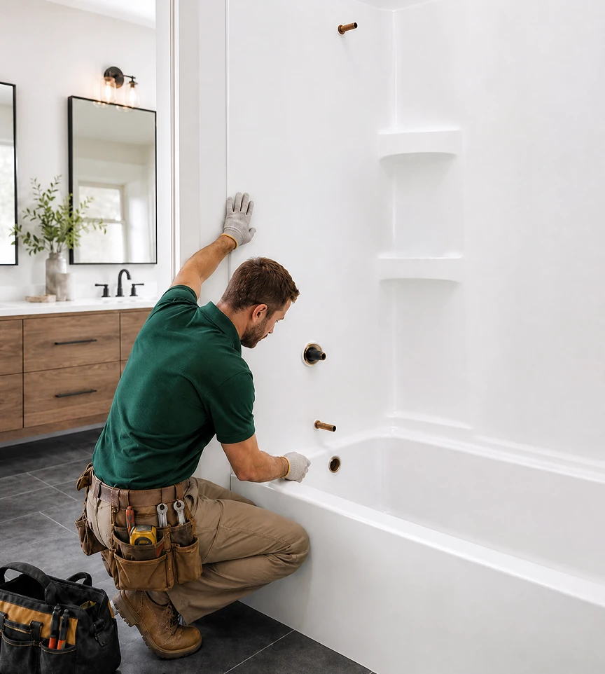 Technicien installant une baignoire dans une salle de bain.