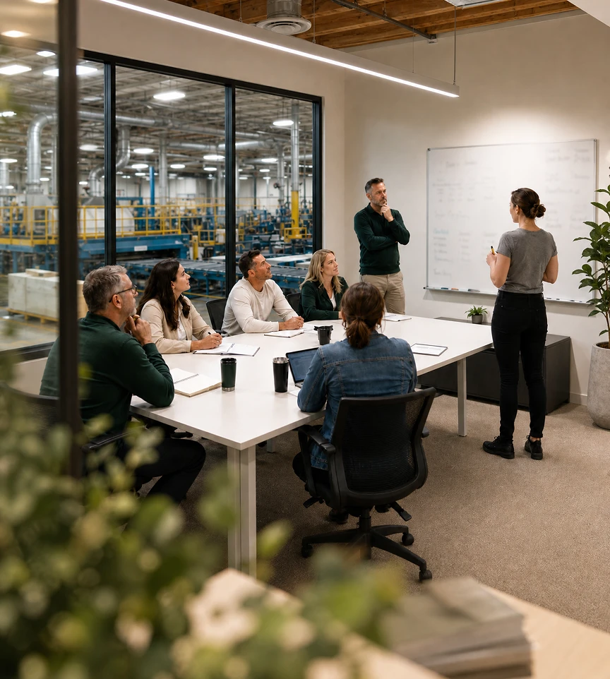 Formation d’équipe dans une salle de réunion en usine.