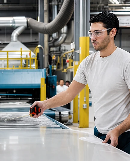 Employé inspectant une ligne de production industrielle.