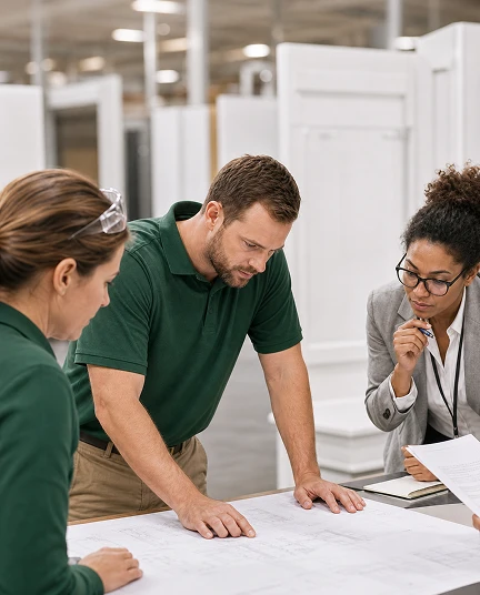 Équipe analysant des plans dans un atelier de fabrication.