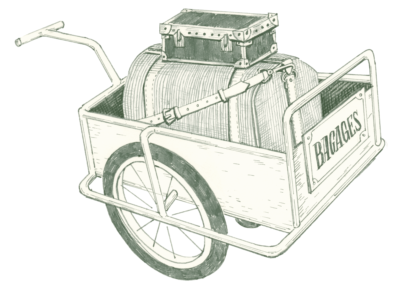 Dibujo lineal en verde de un carrito portaequipajes con maletas y un baúl, en vista isométrica. Servicio de aparcacoches en Les Hauts de Loire: hotel, restaurante y spa de 5 estrellas.