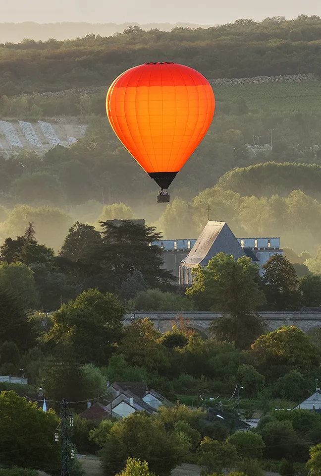 The hot-air balloon rising above the Les Hauts de Loire estate—a 5-star hotel, restaurant, and spa.