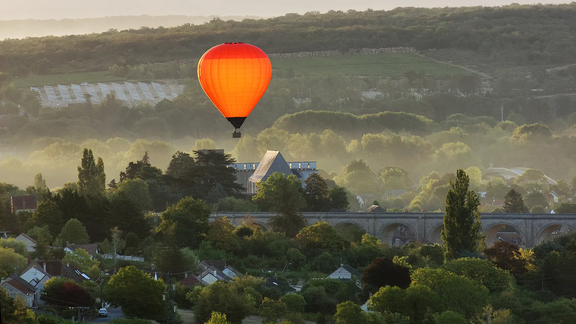 La montgolfière et le cyprès du parc de Les Hauts de Loire – Hôtel, Restaurant & Spa – 5 étoiles.
