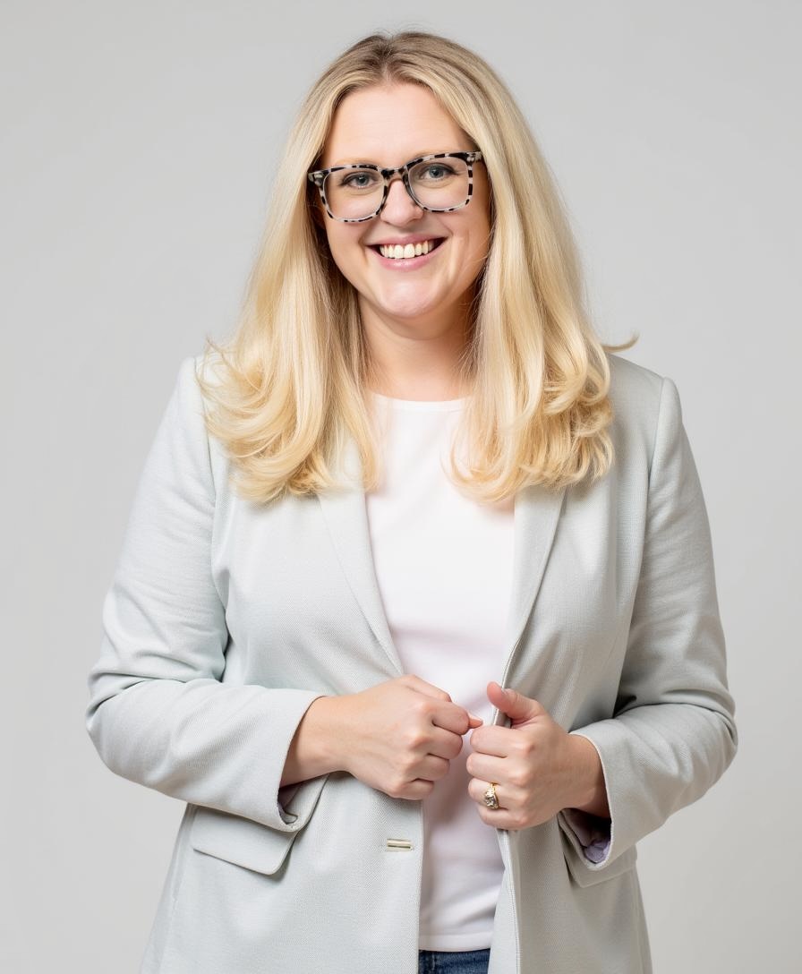 Smiling blonde woman with glasses wearing a light gray blazer and white top against a plain light background.