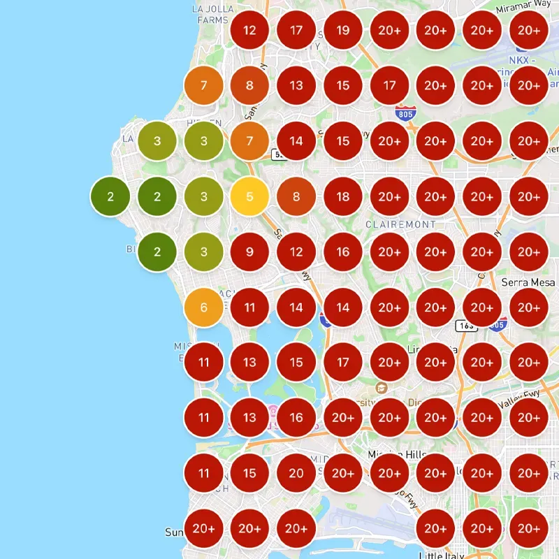 A geogrid of local Google Maps rankings, showing the 'before' rankings of a local med spa who was mostly invisible in search 