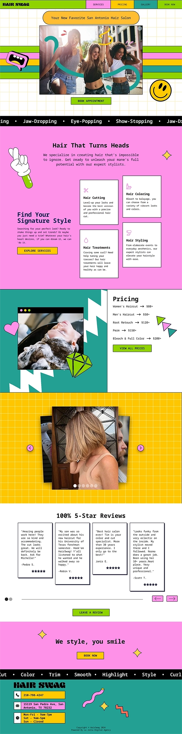 A website for a trendy hair salon with hairdressers that create designer hairstyles.
