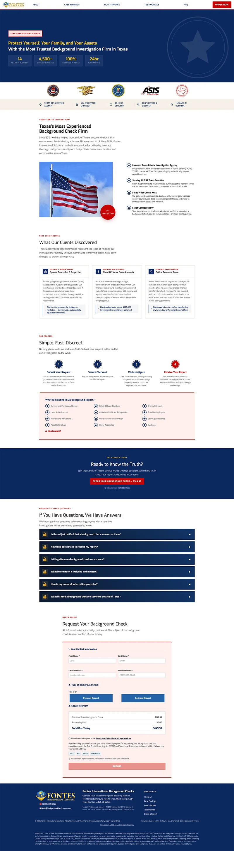 An image of a professional private investigation website, featuring a clean, modern interface designed with SEO friendly web design to maximize visibility and performance.