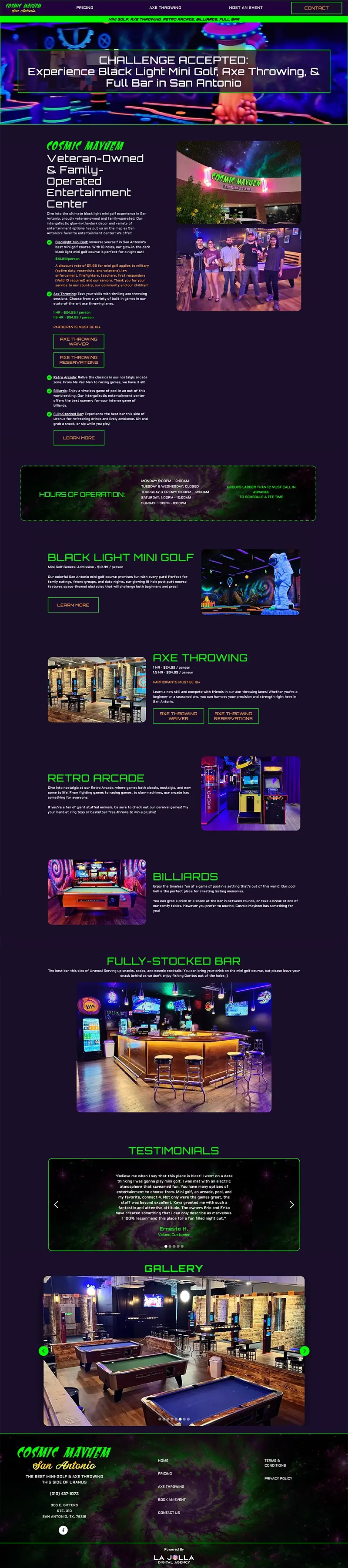 The image showcases a vibrant, highly interactive website designed for a family entertainment center in San Antonio.