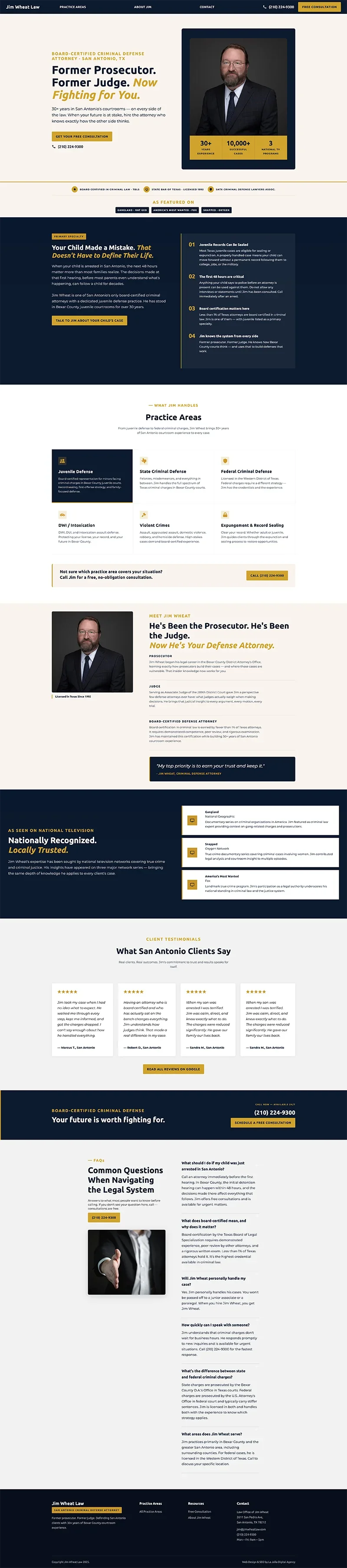 The image displays a clean, professional homepage for a law firm, featuring a stylist layout and modules designed to instill trust and authority and convert prospective clients.