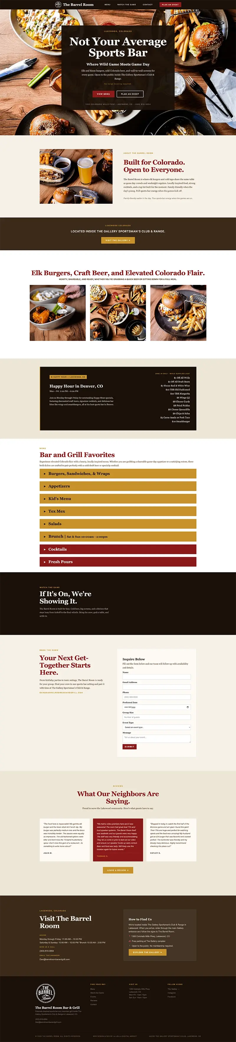 A website for a Colorado restaurant and sports bar, engineered with SEO friendly web design to ensure the business ranks on the first page of Google Maps and dominates local search results.