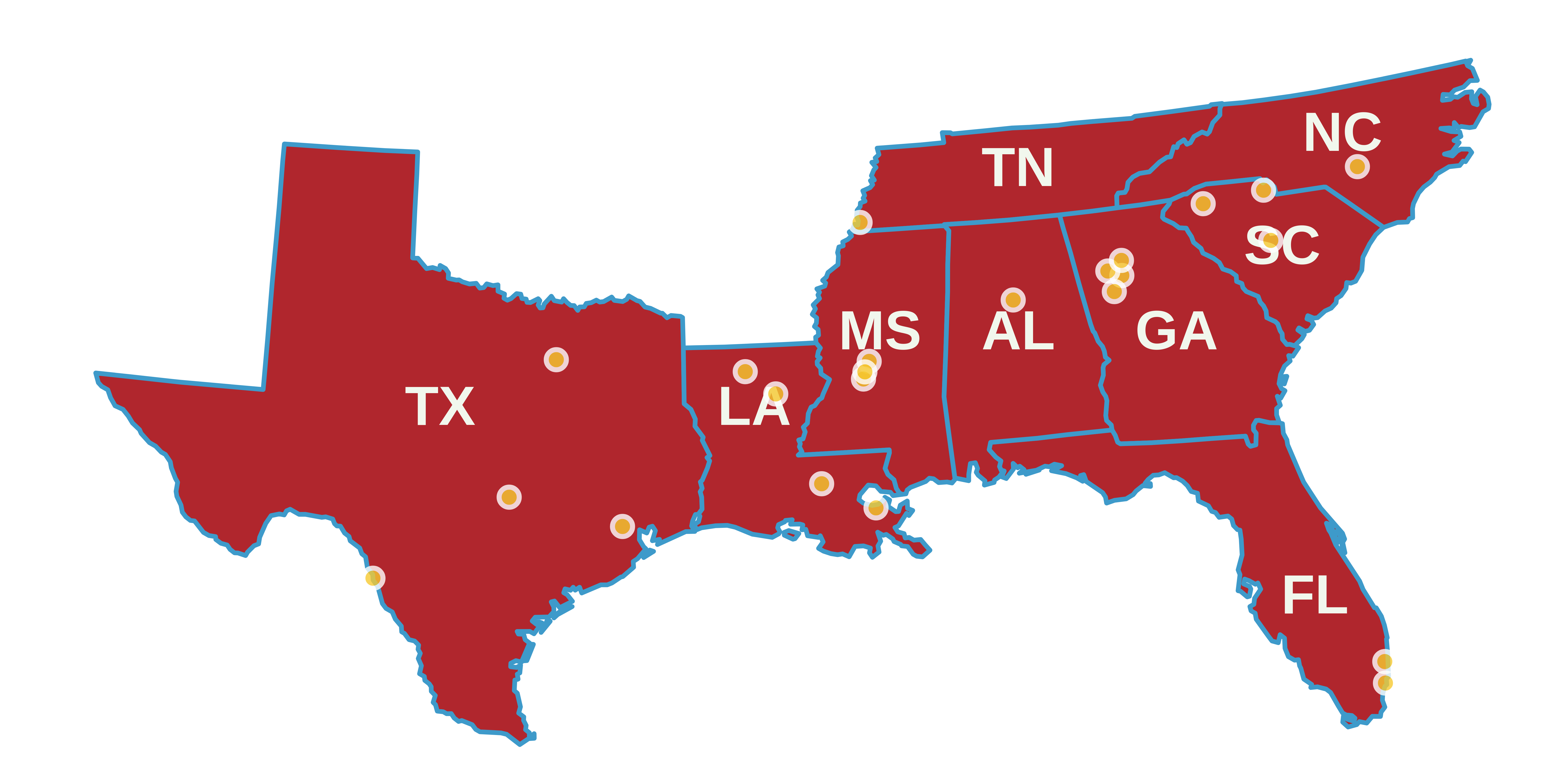 Map of the SHIV Year 7 Grantee announcement, with dots at various locations throughout the South.