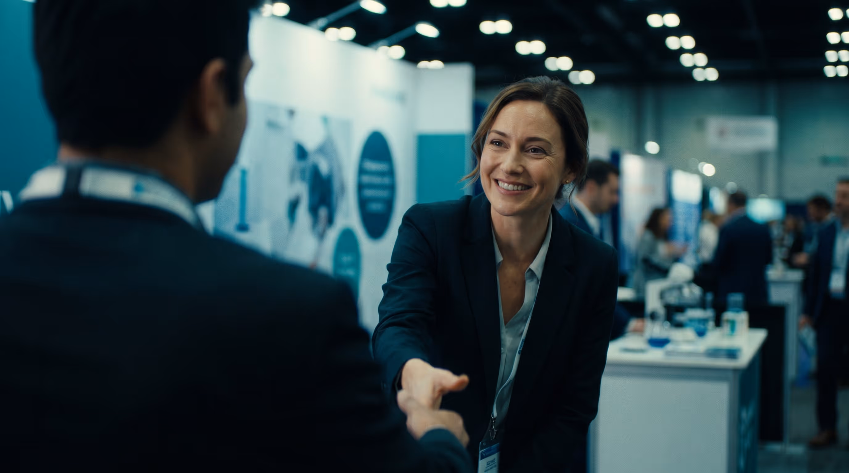Smiling woman in business attire shaking hands with a man at a professional event.