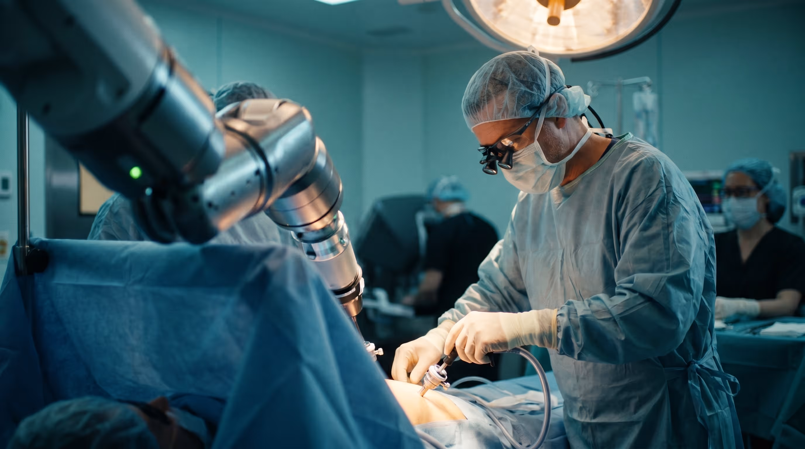 Surgeon and robotic arm perform laparoscopic surgery in an operating room with medical staff.