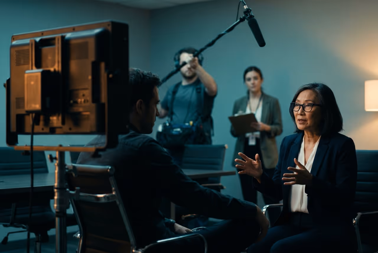 Woman in glasses speaking during a filmed interview with crew holding a boom mic and clipboard.