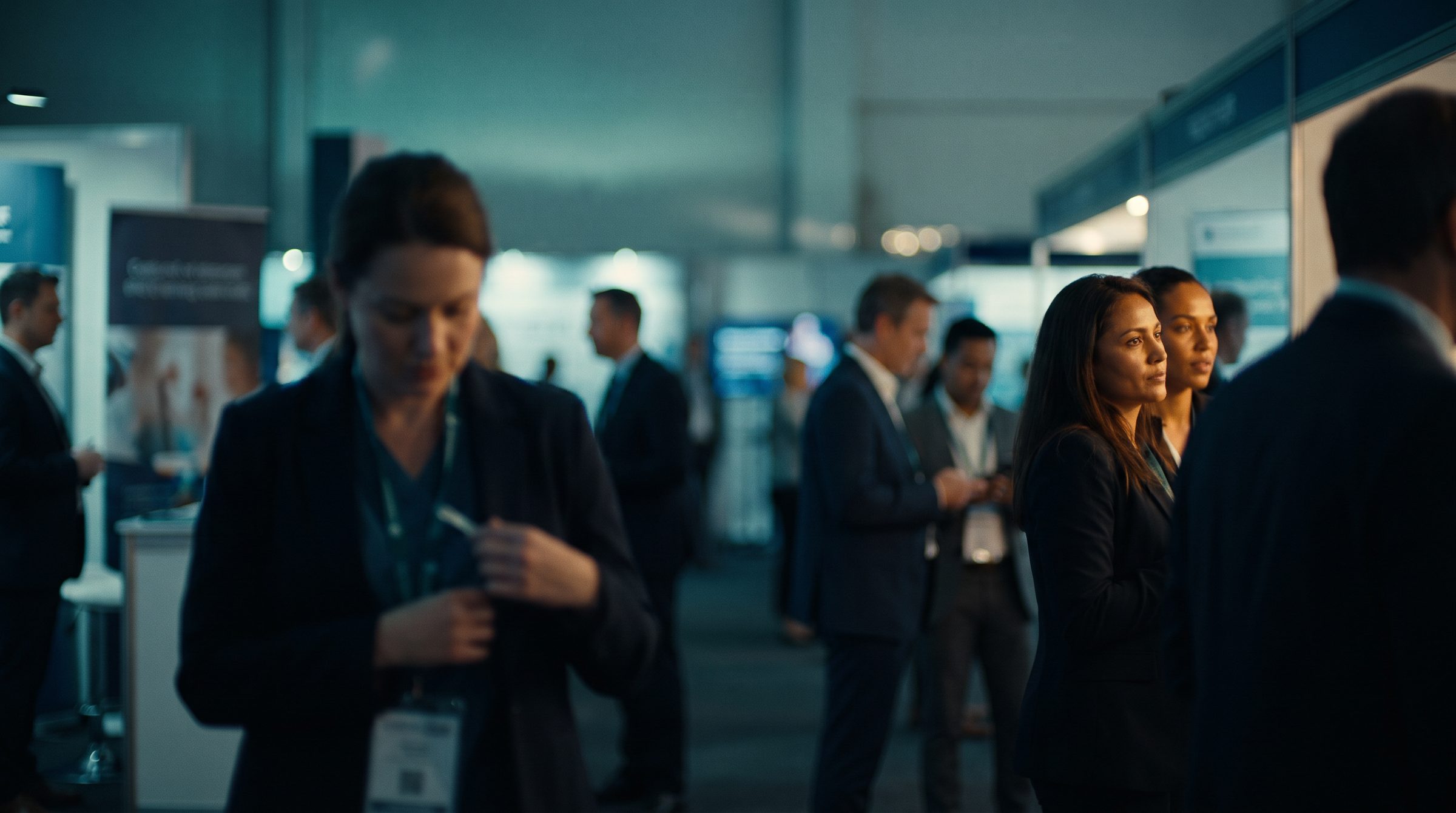 Attendees moving through a medical conference exhibition hall