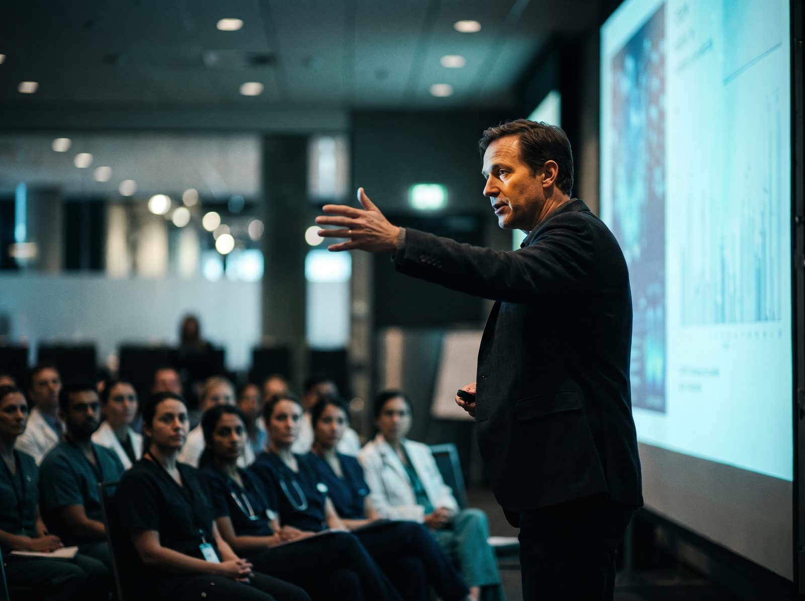 A clinical speaker presenting at a conference product theater