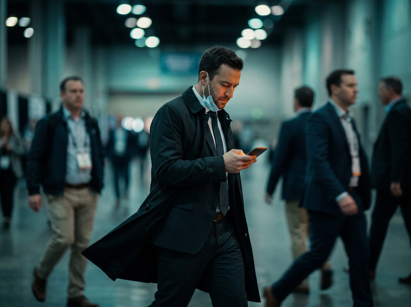 A surgeon checking a mobile phone in a convention center concourse