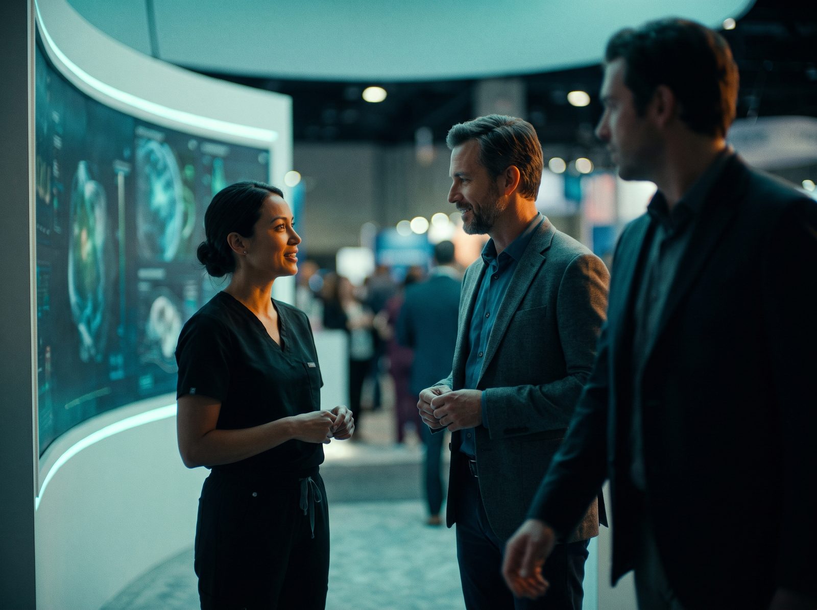 Healthcare professionals talking at an exhibition booth