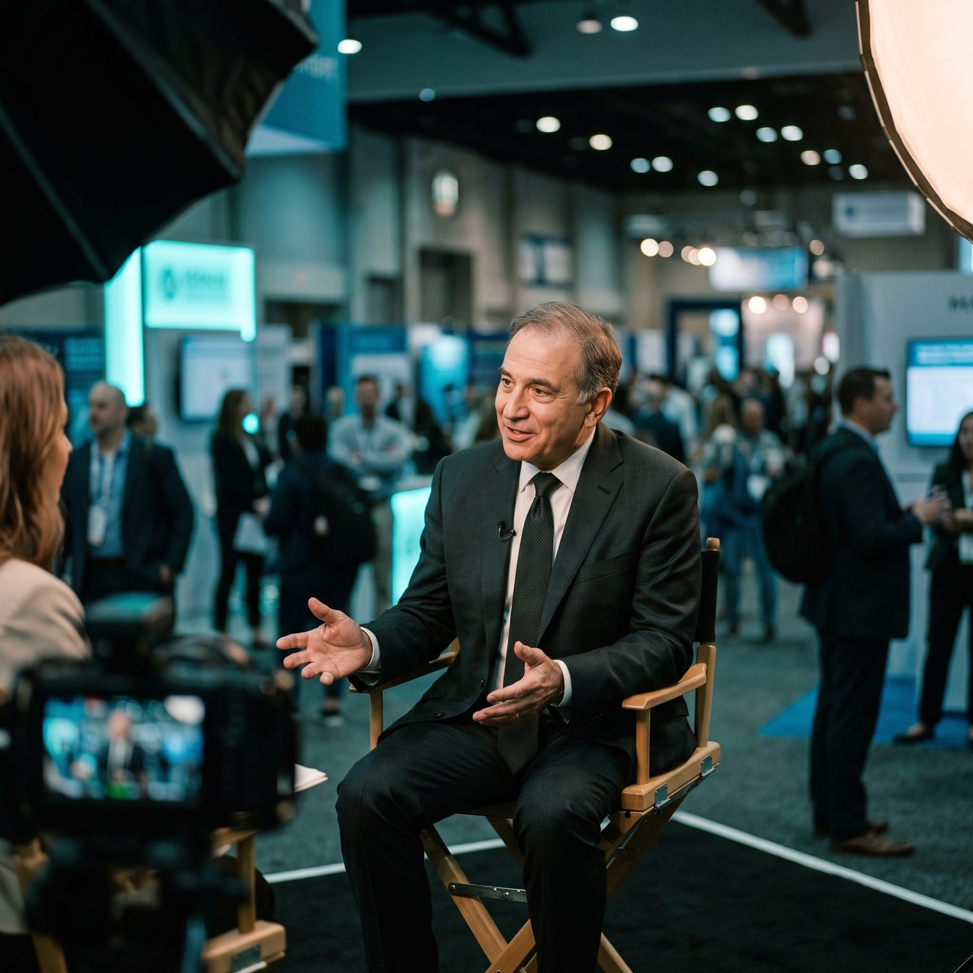 A key opinion leader being interviewed on the trade show floor